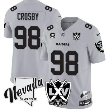 Las Vegas Raiders #98 Maxx Crosby Gray 2024 F.U.S.E With Nevada Silver Stat Patch And 65th Anniversary Patch 4-Star C Patch Football Stitched Jersey