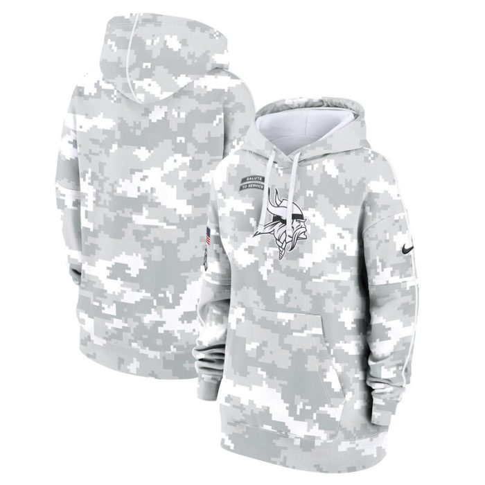 Minnesota Vikings Women's 2024 Salute To Service Club Fleece Pullover Hoodie - Arctic Camo