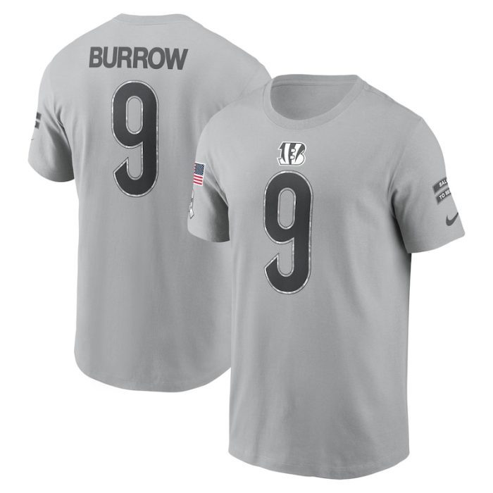 Joe Burrow Cincinnati Bengals 2024 Salute To Service Name & Number T-Shirt - Gray