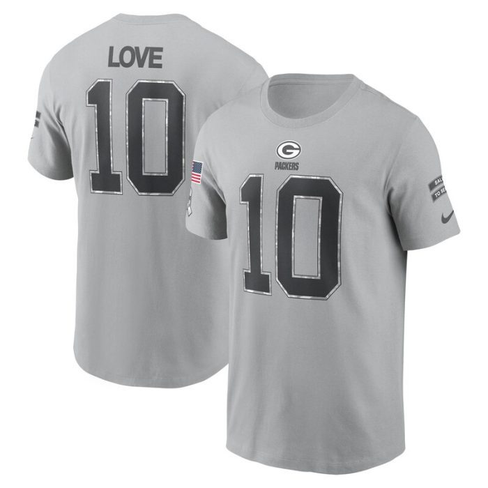 Jordan Love Green Bay Packers 2024 Salute To Service Name & Number T-Shirt - Gray