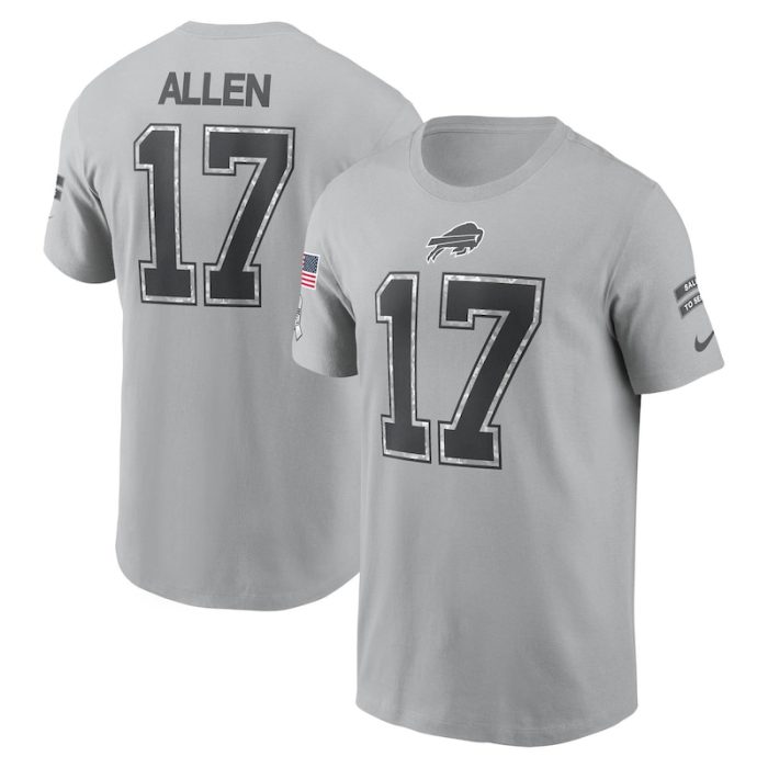 Josh Allen Buffalo Bills 2024 Salute To Service Name & Number T-Shirt - Gray