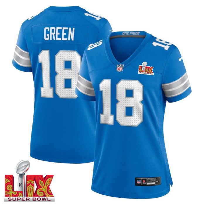 Antoine Green #18 Detroit Lions Super Bowl LIX Women's Jersey - Blue