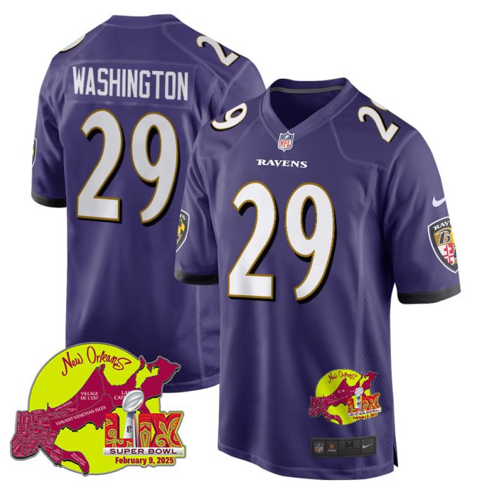 Ar'Darius Washington 29 Baltimore Ravens Super Bowl LIX New Orleans Patch Game Men Jersey - Purple