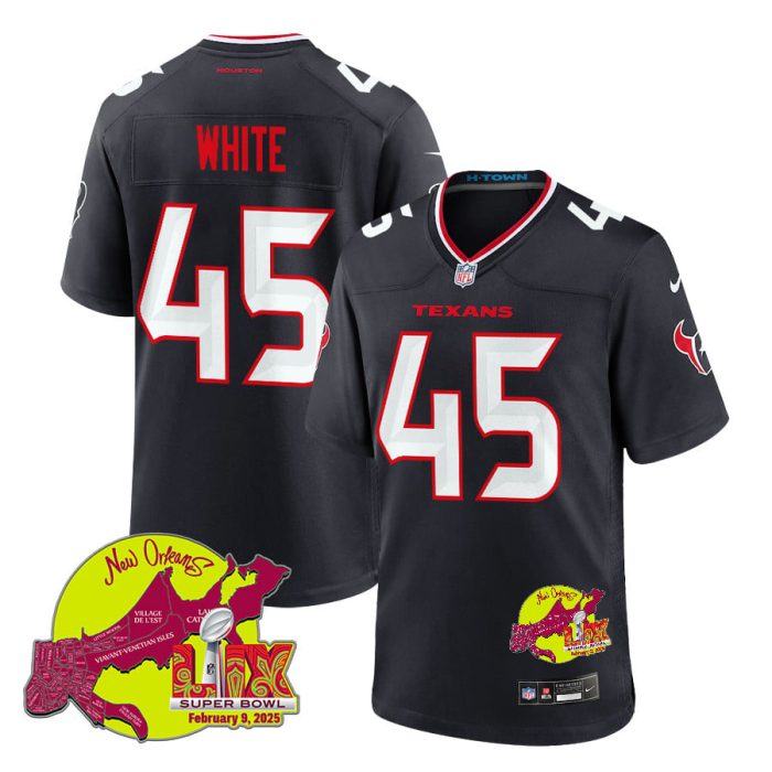 Devin White 45 Houston Texans Super Bowl LIX New Orleans Patch Game Men Jersey - Navy