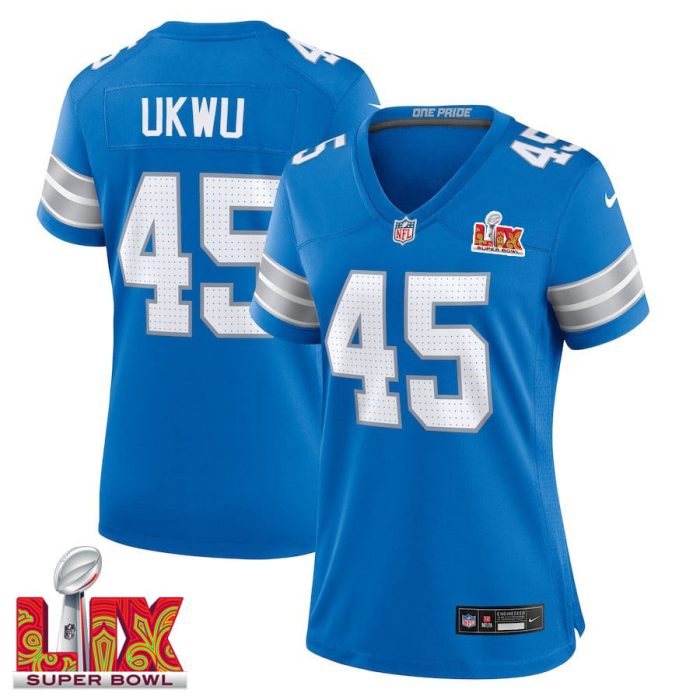 Isaac Ukwu #45 Detroit Lions Super Bowl LIX Women's Jersey - Blue