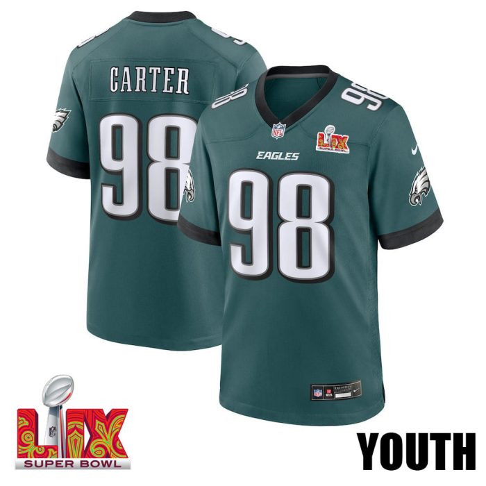 Jalen Carter #98 Philadelphia Eagles Super Bowl LIX Youth Jersey - Midnight Green