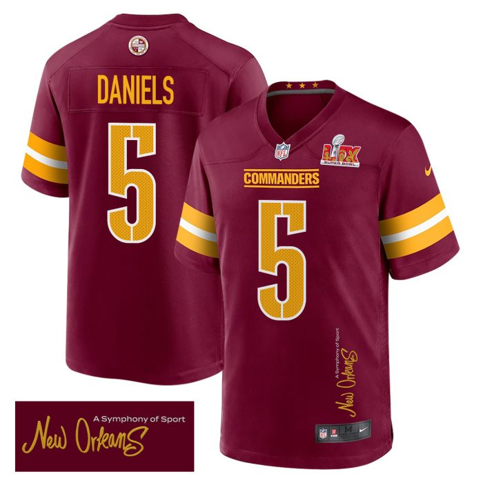 Jayden Daniels 5 Washington Commanders Super Bowl LIX 'New Orleans - A Symphony of Sport' Game Men Jersey - Burgundy