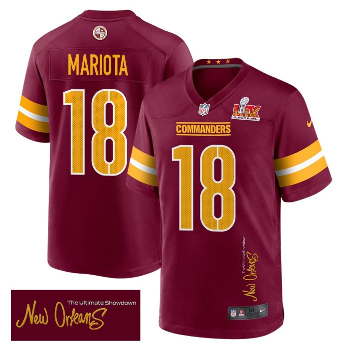 Marcus Mariota 18 Washington Commanders Super Bowl LIX 'New Orleans - The Ultimate Showdown' Game Men Jersey - Burgundy