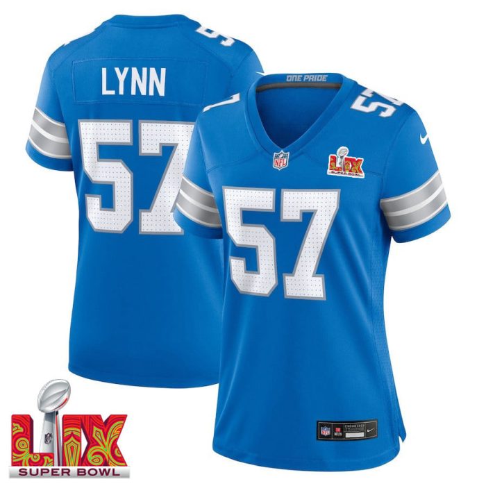 Nate Lynn #57 Detroit Lions Super Bowl LIX Women's Jersey - Blue