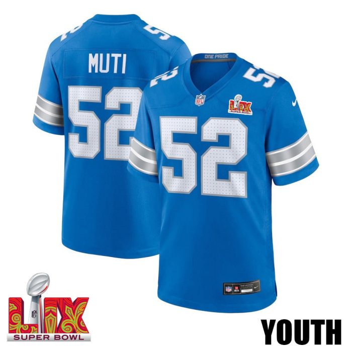 Netane Muti #52 Detroit Lions Super Bowl LIX Youth Jersey - Blue