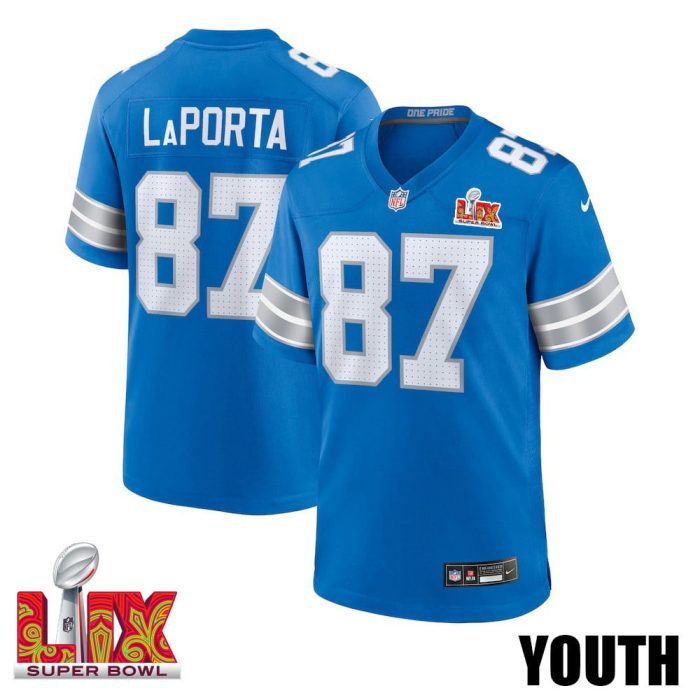 Sam LaPorta #87 Detroit Lions Super Bowl LIX Youth Jersey - Blue