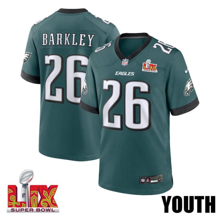 Saquon Barkley #26 Philadelphia Eagles Super Bowl LIX Youth Jersey - Midnight Green