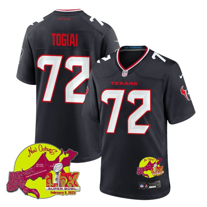 Tommy Togiai 72 Houston Texans Super Bowl LIX New Orleans Patch Game Men Jersey - Navy