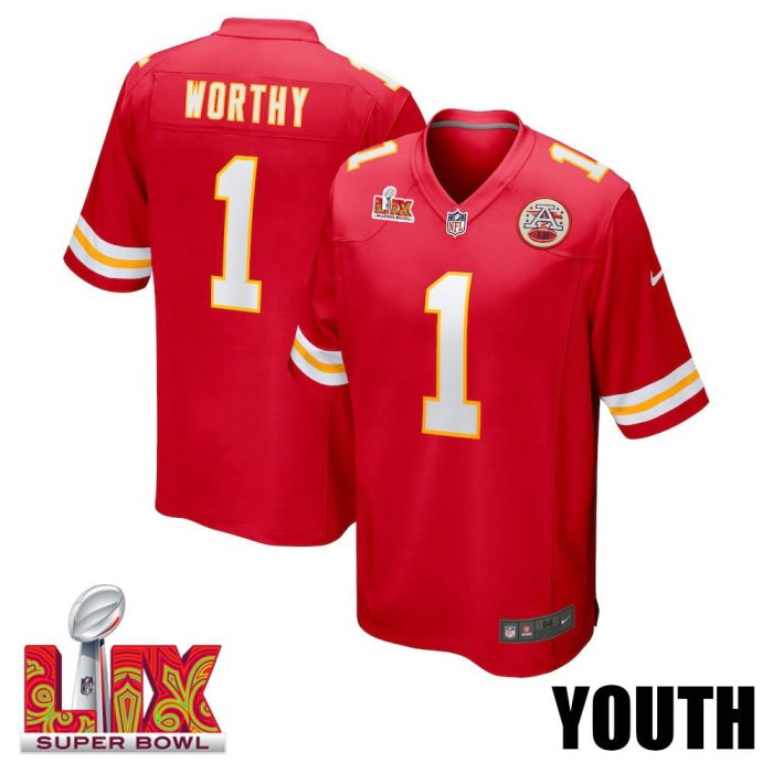 Xavier Worthy #1 Kansas City Chiefs Super Bowl LIX Youth Jersey - Red