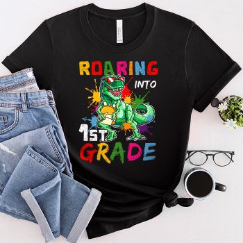 Roaring 1st Grade Cool Dinosaur Back to School T-Shirt - Black