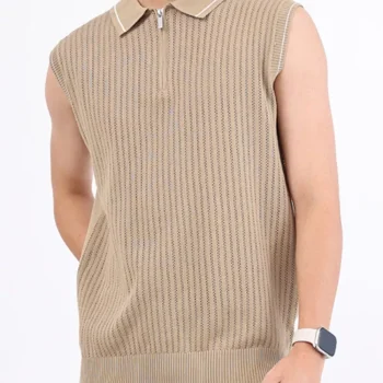 Men's Plus Size Knitted Polo Collar Zip-Up Sleeveless Top