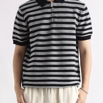 Men's Plus Size Striped Half-Zip Casual Polo